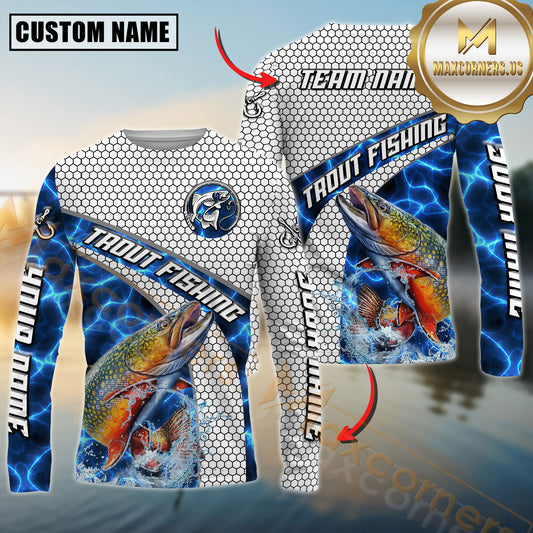 Maxcorners Trout Fishing Honeycomb Electric Water Splash Personalized Name, Team Name Long Sleeve Shirt