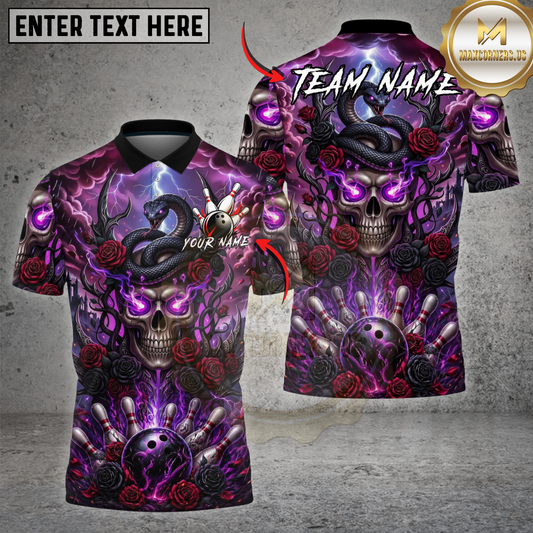 Maxcorners Skull Snake Bowling Shirt Dark Gothic Skull Roses Design Multicolor Options Personalized Name, Team Name 3D Shirt (4 Colors)