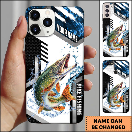 Maxcorners Pike Fishing Phone Case  Splash Water Honeycomb Black White Sport Design Personalized Name Phone Case