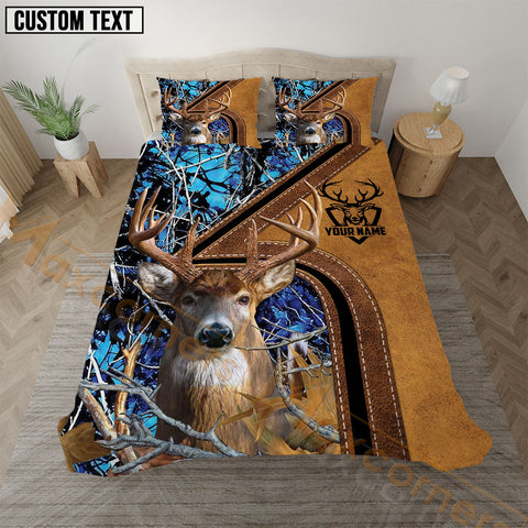 Maxcorners Deer Hunting Blue Real Tree Forest Leather Stripe Bedding Set 3D All Over Printed