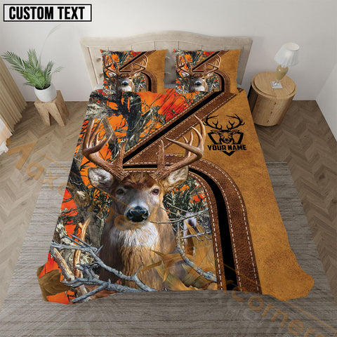 Maxcorners Deer Hunting Orange Camo Real Tree Forest Leather Stripe Bedding Set 3D All Over Printed