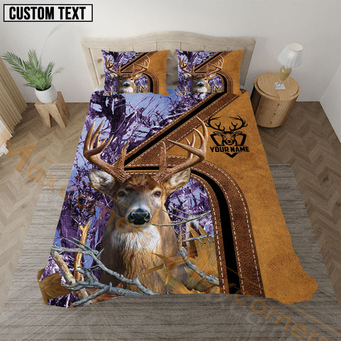 Maxcorners Deer Hunting Purple Real Tree Forest Leather Stripe Bedding Set 3D All Over Printed