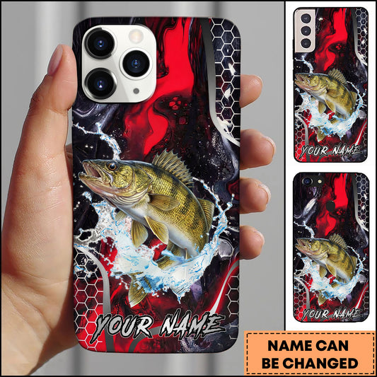 Maxcorners Walleye Fishing Red Black Abstract Lightning Splash Personalized Name Phone Case