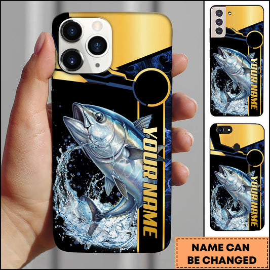Maxcorners Tuna Fishing Black Gold Tech Frame Water Splash Personalized Name Phone Case