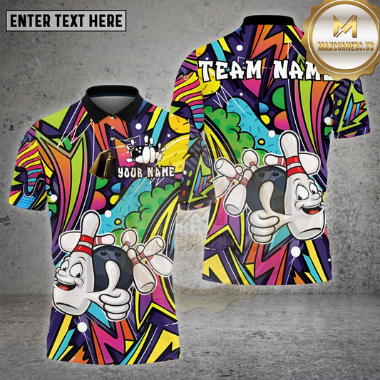 Maxcorners Bowling Shirt Colorful Cartoon Bowling Pins Graffiti Neon Style Personalized Name, Team Name 3D Shirt (4 Colors)