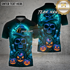Maxcorners Halloween Skull Bowling Shirt Neon Pumpkin Ghost Pins Personalized Name, Team Name 3D Shirt (4 Colors)