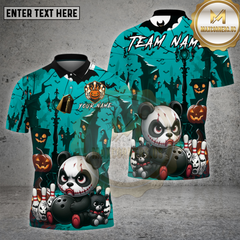 Maxcorners Evil Panda Bowling Shirt Halloween Haunted Street Bowling Pins Pumpkin Ball Personalized Team Jersey (4 Colors)