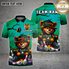 Maxcorners Halloween Bear Bowling Shirt Pumpkin Ball Spooky Glow Haunted Bowling Pins Personalized Team Name Jersey (4 Colors)