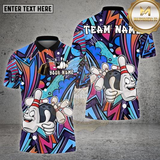 Maxcorners Bowling Shirt Colorful Cartoon Bowling Pins Graffiti Neon Style Personalized Name, Team Name 3D Shirt (4 Colors)
