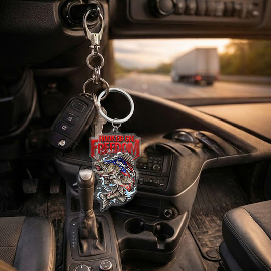 Maxcorners Walleye Fishing Keychain Hooked On Freedom American Flag Fish Design Personalized Name 2D Keychain