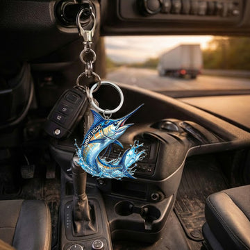 Maxcorners Marlin Fishing Keychain Fish Water Splash Art Personalized Name 2D Keychain