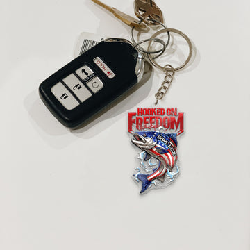 Maxcorners Salmon Fishing Keychain Hooked On Freedom American Flag Fish Design Personalized Name 2D Keychain