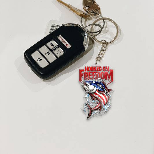 Maxcorners Tuna Fishing Keychain Hooked On Freedom American Flag Fish Design Personalized Name 2D Keychain