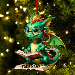 Maxcorners Custom Name Dragon Reading Books Ornament, Christmas Gift for Book Lover 2D Flat LM2211