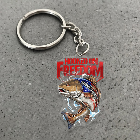 Maxcorners Red Fish Fishing Keychain Hooked On Freedom American Flag Fish Design Personalized Name 2D Keychain