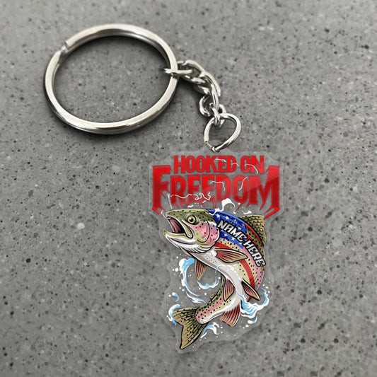 Maxcorners Trout Fishing Keychain Hooked On Freedom American Flag Fish Design Personalized Name 2D Keychain