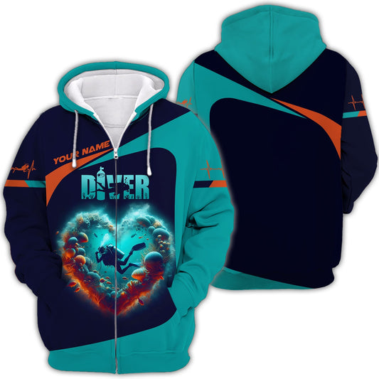 Maxcorners 3D Full Print Scuba Diving Heart Shirts Personalized Name Gift For Diver Lovers LM2111