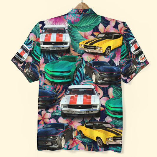 Maxcorners Custom Muscle Car Photo Tropical Plants And Hibiscus Flowers Pattern Hawaiian Shirt