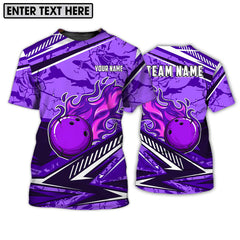 MaxCorners Bowling And Pins Purple Fire Customized Name, Team Name 3D Polo Shirt For Men