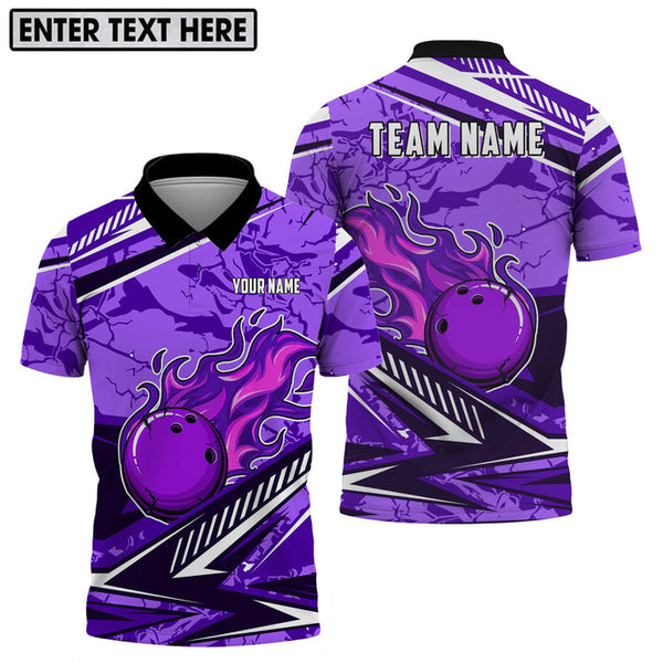 MaxCorners Bowling And Pins Purple Fire Customized Name, Team Name 3D Polo Shirt For Men