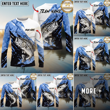 Maxcorners Fishing Splash Blue White Long Sleeve Shirt Jumping Splash Water Graphic Personalized Name, Team Name Long Sleeve Shirt ( 6 Breeds)