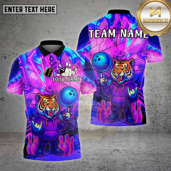 Maxcorners Bowling Tiger Neon Graffiti Street Glow Multioptions Personalized Name, Team Name Unisex 3D Shirt