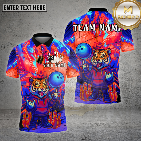 Maxcorners Bowling Tiger Neon Graffiti Street Glow Multioptions Personalized Name, Team Name Unisex 3D Shirt