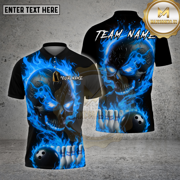Maxcorners Skull Bowling Shirt Flame Skull Fire Pattern Multioptions Personalized Name, Team Name Unisex 3D Shirt (4 Colors)