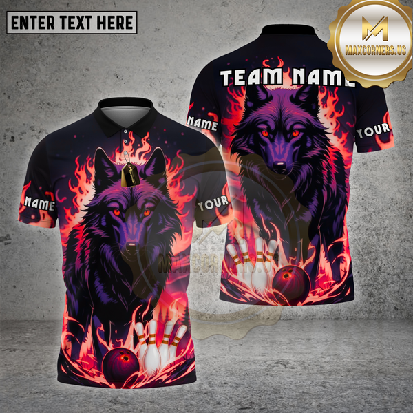 Maxcorners Wolf Bowling Shirt Flame Wolf Multioptions Personalized Name, Team Name Unisex 3D Shirt (4 Colors)