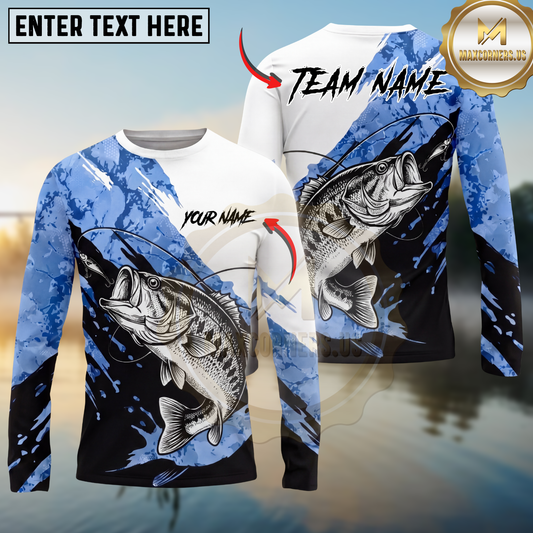 Maxcorners Fishing Splash Blue White Long Sleeve Shirt Jumping Splash Water Graphic Personalized Name, Team Name Long Sleeve Shirt ( 6 Breeds)