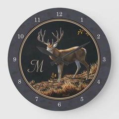 Maxcorners Mule Deer Buck Charcoal Grey Monogram Large Clock TU3012