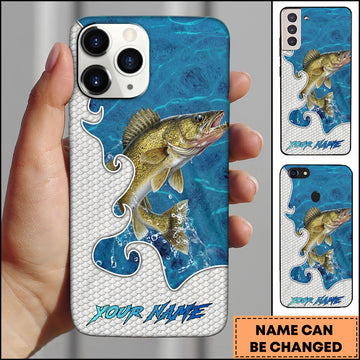 Maxcorners Walleye Fishing Ocean Blue Wave Scale Pattern Splash Personalized Name Phone Case
