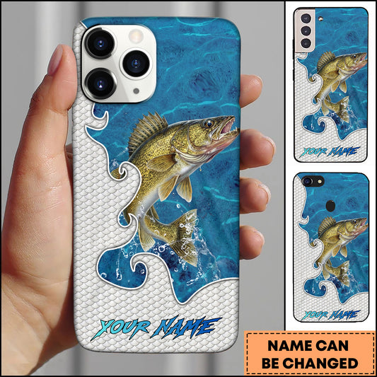 Maxcorners Walleye Fishing Ocean Blue Wave Scale Pattern Splash Personalized Name Phone Case
