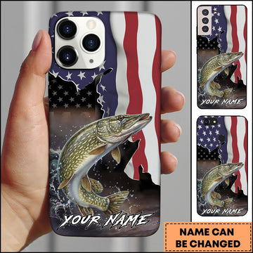 Maxcorners Pike Fishing American Flag Patriotic Splash Personalized Name Phone Case
