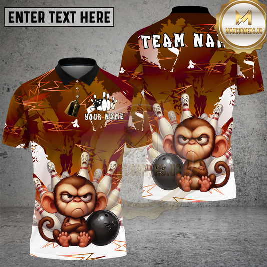 Maxcorners Monkey Bowling Angry Cartoon Strike Multicolor Options Personalized Name, Team Name 3D Shirt (4 Colors)