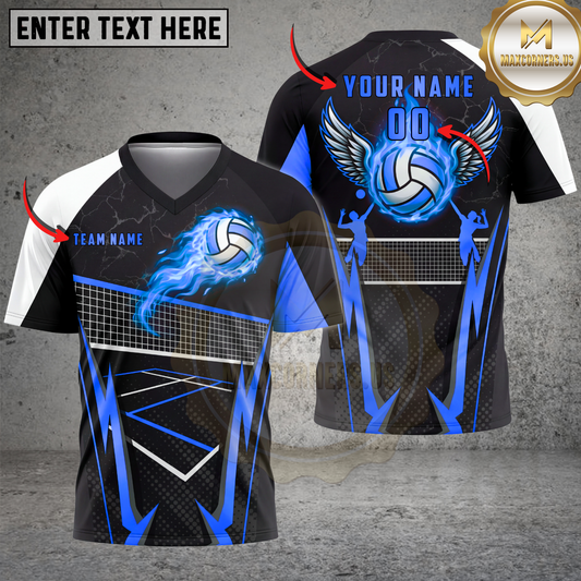Maxcorners Volleyball Lightning Court Action Premium Gold Accent Multicolor Options Personalized 3D V-neck T-Shirt