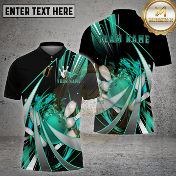 Maxcorners Bowling Shirt Neon Cyan Swirl Strike Multi Options Personalized Name, Team Name 3D Shirt
