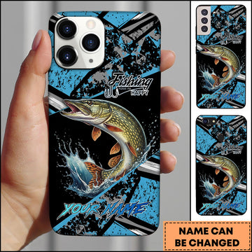 Maxcorners Pike Fishing Blue Grunge Paint Splash Dynamic Art Personalized Name Phone Case