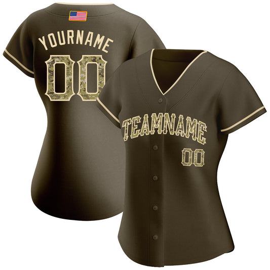 Maxcorners Custom Olive Camo-City Cream Premium American Flag Fashion Salute To Service Baseball Jerseys LM0210