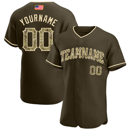 Maxcorners Custom Olive Camo-City Cream Premium American Flag Fashion Salute To Service Baseball Jerseys LM0210