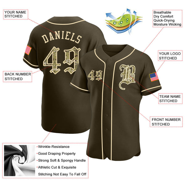 Maxcorners Custom Olive Camo-Black Premium American Flag Fashion Salute To Service Baseball Jerseys LM0210
