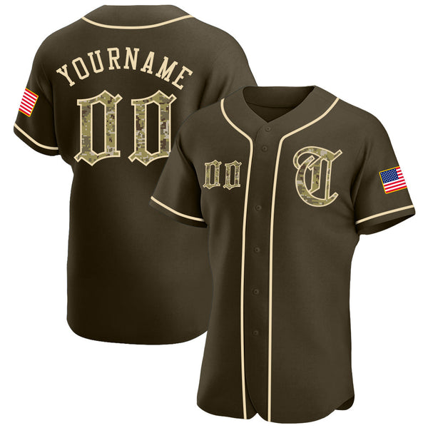 Maxcorners Custom Olive Camo-Black Premium American Flag Fashion Salute To Service Baseball Jerseys LM0210