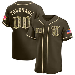 Maxcorners Custom Olive Camo-Black Premium American Flag Fashion Salute To Service Baseball Jerseys LM0210