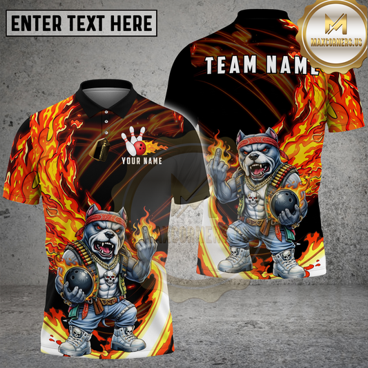 Maxcorners Bulldog Bowling Flame Biker Style Multicolor Options Personalized Name, Team Name 3D Shirt (4 Colors)
