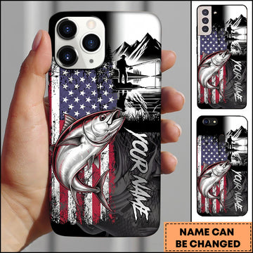 Maxcorners Tuna Fishing Patriotic USA Flag Mountain Angler Silhouette Personalized Name Phone Case