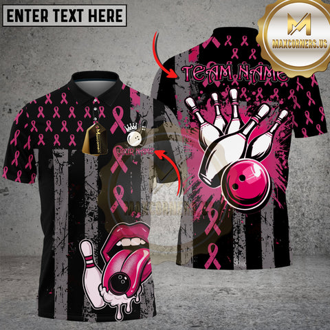 Maxcorners Bowling Shirt Pink Ribbon Strike Multioptions Personalized Name, Team Name Unisex 3D Shirt