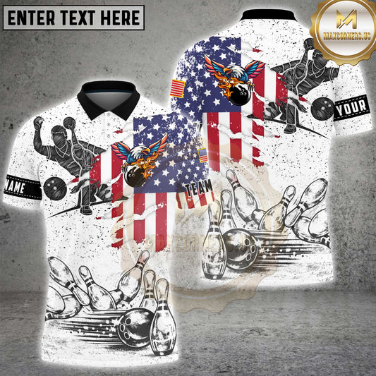 Maxcorners Bowling Eagle American Flag Retro Vintage Style Multicolor Options Personalized Name, Team Name 3D Shirt (4 Colors)