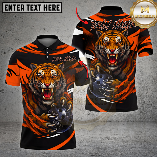 Maxcorners Bowling Shirt Fierce Tiger Strike Ball Power Claw Graphic Multicolor Options Personalized Name, Team Name 3D Shirt (4 Colors)