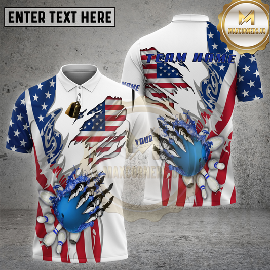 Maxcorners Bowling Shirt USA Blue Strike Explosion Multi Options Personalized Name, Team Name 3D Shirt