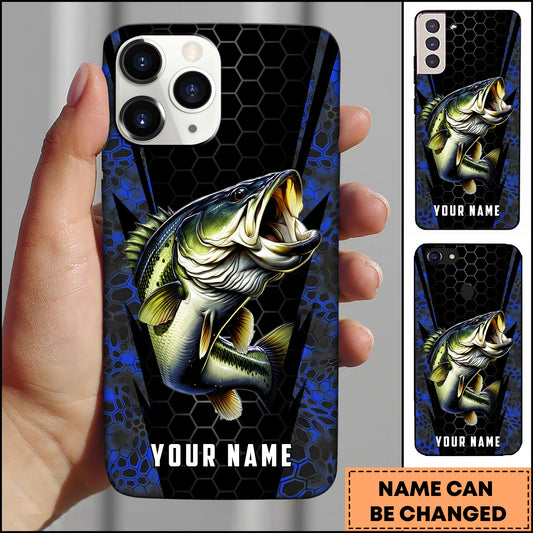 Maxcorners Bass Fishing 3D Realistic Honeycomb Tech Background Personalized Name Phone Case